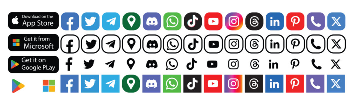 Social Media Icons and App Store Badges Editorial Icon Set