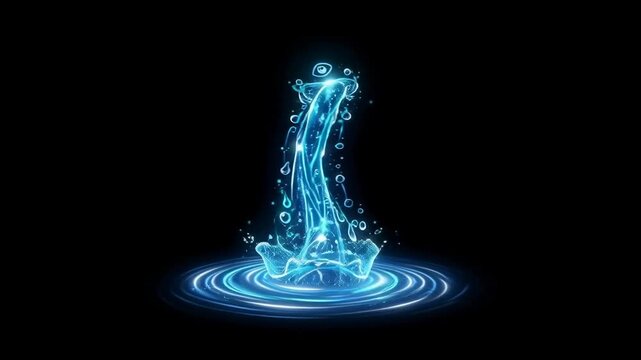 Glowing blue water splash rises from concentric ripples against a black background, creating an abstract energetic digital scene