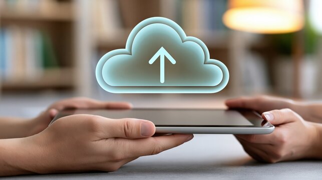 Two people hold a modern digital tablet together beneath a glowing cloud upload icon.