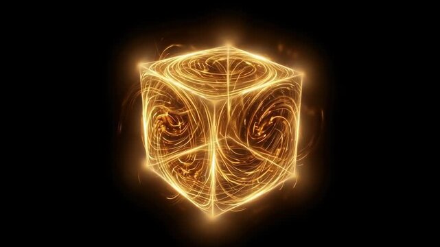 Glowing golden wireframe cube formed by swirling luminous particles on a black background, creating a futuristic abstract digital atmosphere
