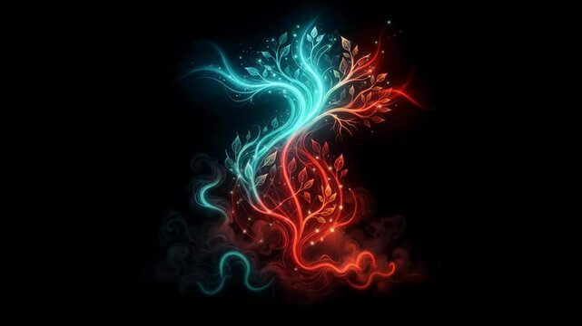 Abstract glowing turquoise and red serpentine energy forms twisting together with sparkling particles against a black background