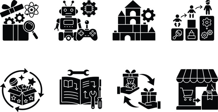 Educational Toys and STEM Learning Equipment Black Vector Icon Set Featuring Development Subscription Services