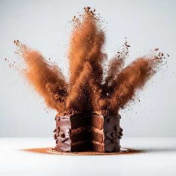 A dynamic capture of a rich double chocolate cake bursting apart with a thick cloud of fine brown cocoa powder flying through the air, cocoa cloud, cocoa dust, close-up