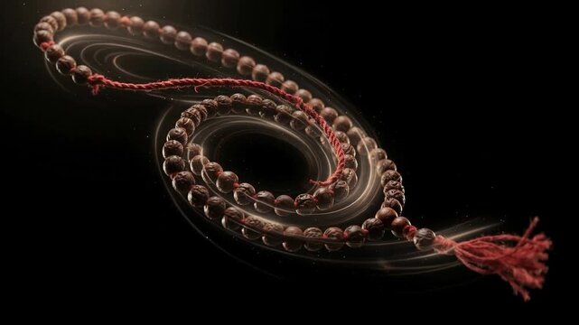 Ornate dark brown beaded tassel accessory arranged in a spiral on a black background with dramatic warm highlights