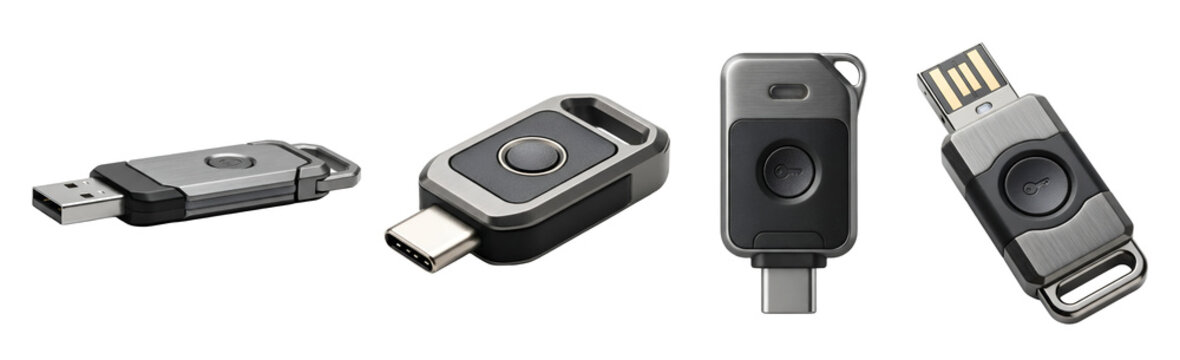Four different USB flash drives on transparent background