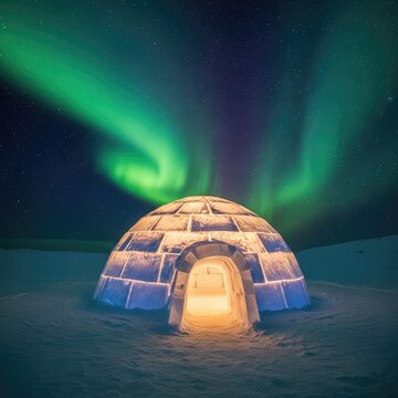A glowing snow igloo sits nestled in a frozen landscape beneath a vibrant canopy of twinkling stars and soft celestial radiance at night, winter, snow, dwelling