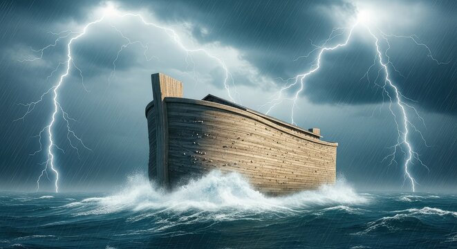 A massive wooden vessel tosses on violent ocean waves under a dark sky filled with lightning and torrential rain during a global flood, ancient, deep, wooden