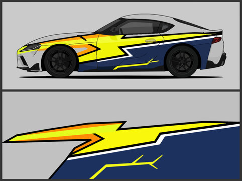Sports car with dynamic lightning bolt racing decal design.