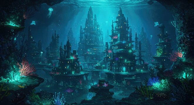 Underwater fantasy cityscape with glowing plants.