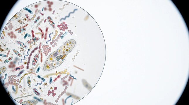 Microscopic View of Protozoa Paramecium and Various Bacteria Species with Laboratory Copy Space