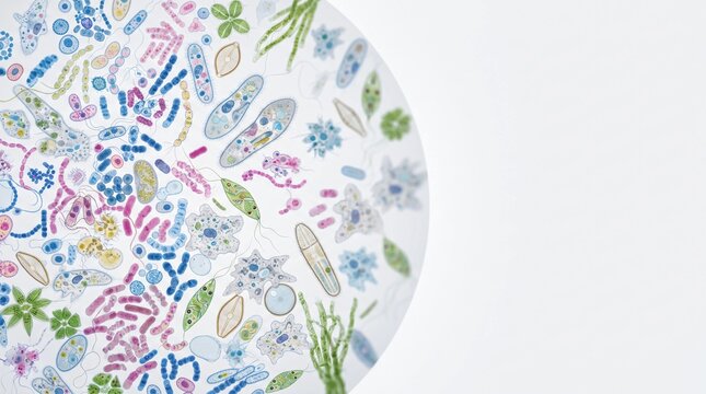 Scientific Illustration of Diverse Microorganisms and Bacteria Under a Microscope on White Background