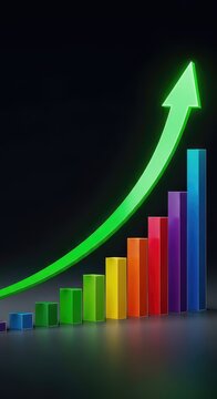 A sleek digital image featuring an ascending green arrow curving upwards over a sequence of rising bar charts against a dark background, success, infographic, gain
