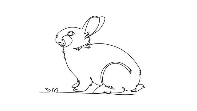Self drawing animation of single line draw adorable pet rabbit crouching softly on the ground, highlighting cute ears, domestic mammal, wildlife nature, pet care. Continuous line. Full length animated