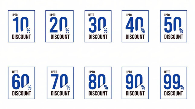 Blue discount labels set, retail sale tags from 10 to 99 percent off, promotional price stickers for marketing and shopping
