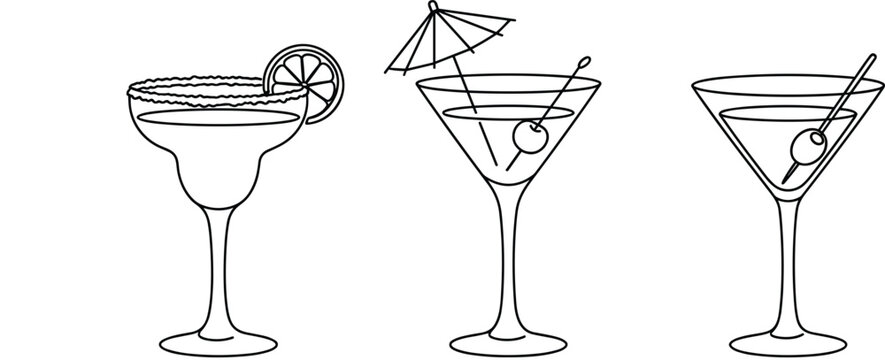 Margarita and martini cocktail glassware set featuring lemon garnish parasol umbrella and olive toothpick outline vector elements