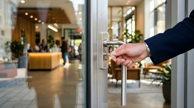 Person unlocking glass door to enter a modern office lobby interior