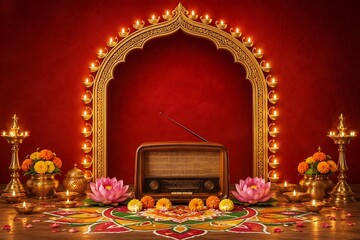 Obraz premium Nostalgic festive background with an antique radio, glowing diyas on a golden archway, pink lotus flowers, and colorful rangoli against a red wall.