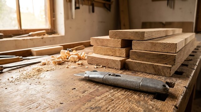 A utility knife vector layout on a wooden workshop table with lumber and carpentry tools for design.