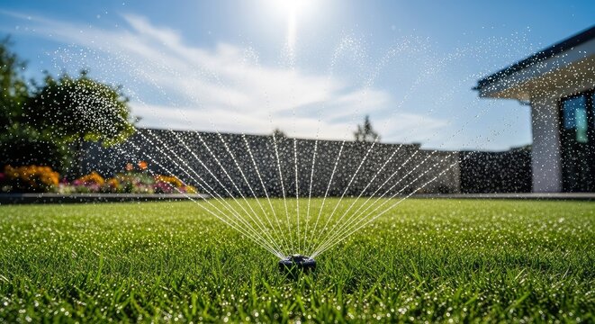 An automatic rotating sprinkler head sprays thin jets of water over a lush green backyard lawn during a bright sunny day in summer, landscape, mist, sunny