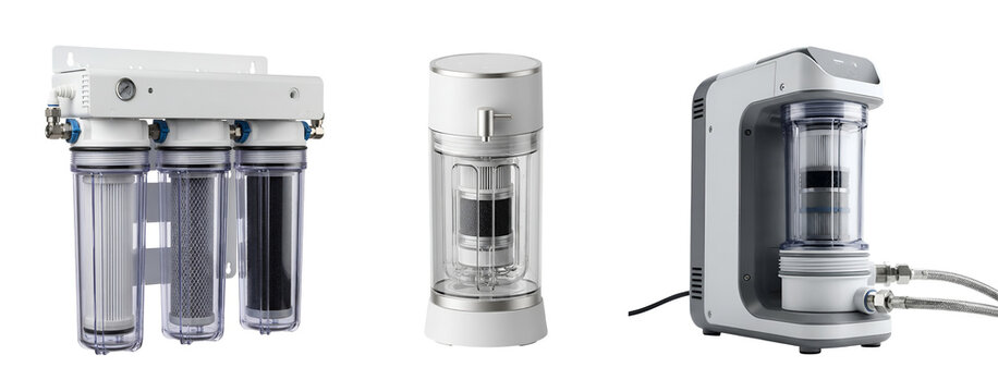 Three modern water filtration systems on transparent background