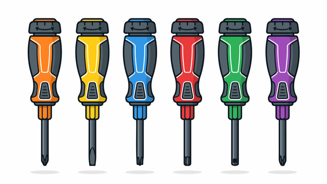 Vector set of colorful screwdrivers with rubber handles in orange, yellow, blue, red, green, and purple isolated on white background