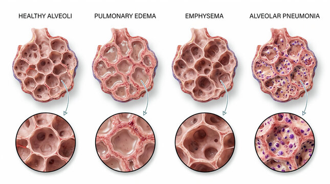 Medical illustration comparing healthy alveoli with diseased states pulmonary edema, emphysema, and alveolar pneumonia, detailing respiratory pathology