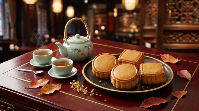Celebrating the mid autumn festival with mooncakes tea and traditional family gatherings under the harvest moon