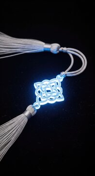 Close-up of a mystical amulet featuring an intricate glowing knot centerpiece and soft silk tassels resting on a dark velvet surface, handcrafted, velvet, detail