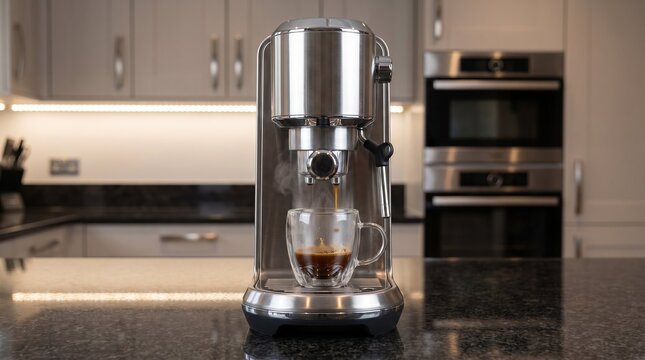 Professional coffee machine designed for home use, glass cup filled with steaming hot coffee