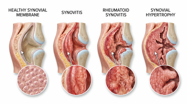 Visual medical comparison healthy synovial membrane vs. synovitis, rheumatoid synovitis, and synovial hypertrophy, illustrating knee joint inflammation progression