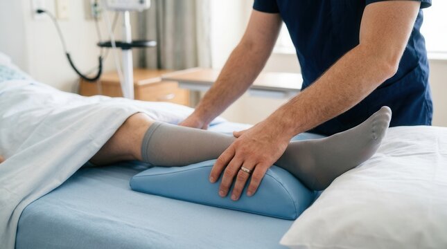 Nurse Adjusts Compression Stockings on Patient's Leg in Hospital Bed, Promoting Circulation and Healing