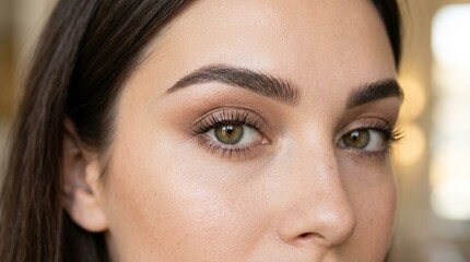 Fototapeta premium Woman's Face Close-up: Natural Beauty, Green Eyes, Defined Brows