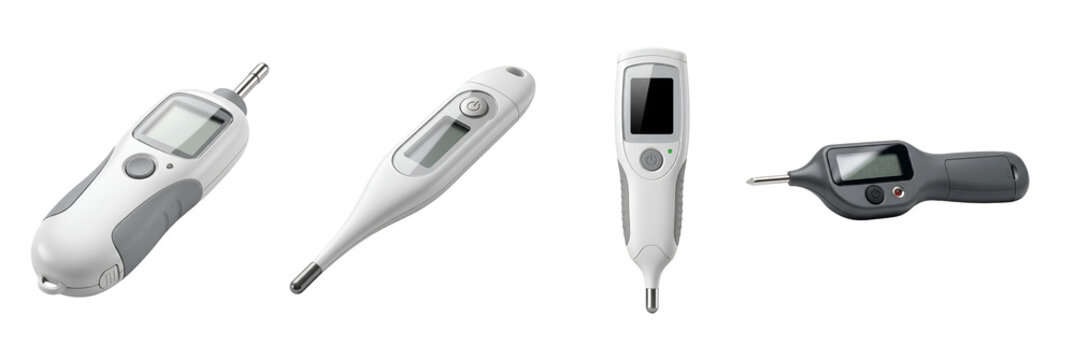 Four digital thermometers displayed on a transparent background for medical or healthcare use
