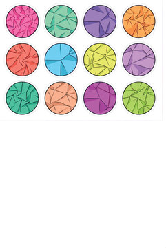 Colorful crumpled paper texture circular badges collection with geometric low poly origami pattern set vector illustration