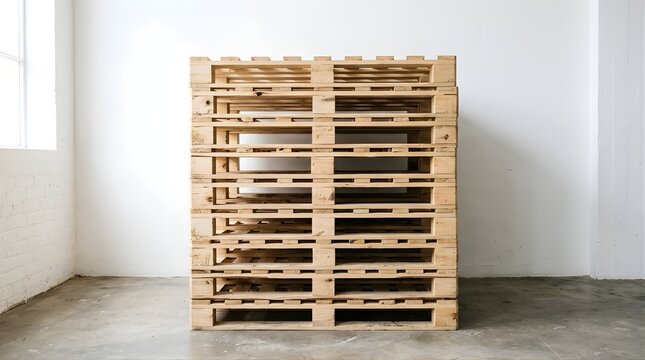 Stack of empty wooden pallets against a white wall in a studio warehouse