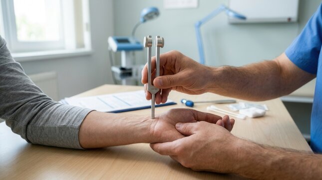 Neurologist or doctor performing tuning fork test on patient's wrist for nerve function or sensation assessment in a clinic.