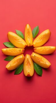Freshly cut peach slices with fuzzy skin and juicy orange flesh are artfully arranged with vibrant green leaves on a bold red background, color, leaf, contrast