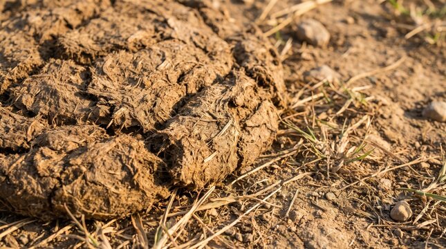 Dry cow dung on the ground in a field close up