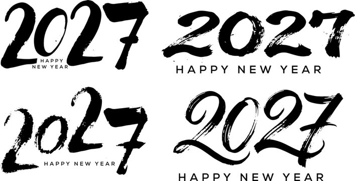 Black 2027 logo set, happy new year number collection, hand drawn brush typography, isolated festive calligraphy graphic design.