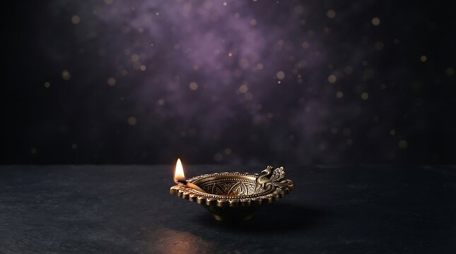 Single ornate brass oil lamp with a bright flame on a dark textured surface against a soft purple glowing bokeh background
