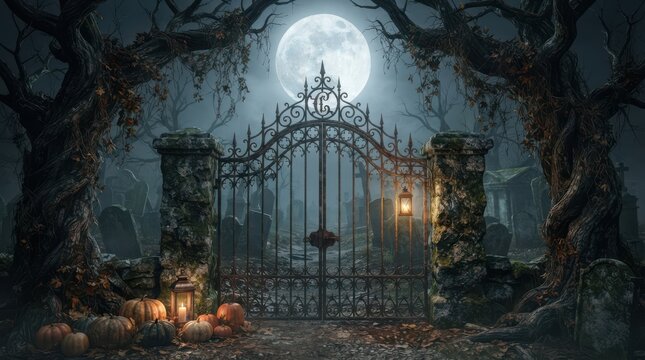 Iron gate at a dark cemetery entrance under a bright full moon at night