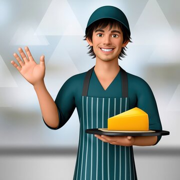 Clerk character wearing a striped apron waving hello and presenting fresh cheese.