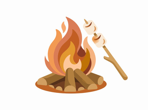 Campfire with roasting marshmallows flat vector illustration for camping and outdoor adventure concept isolated on white background