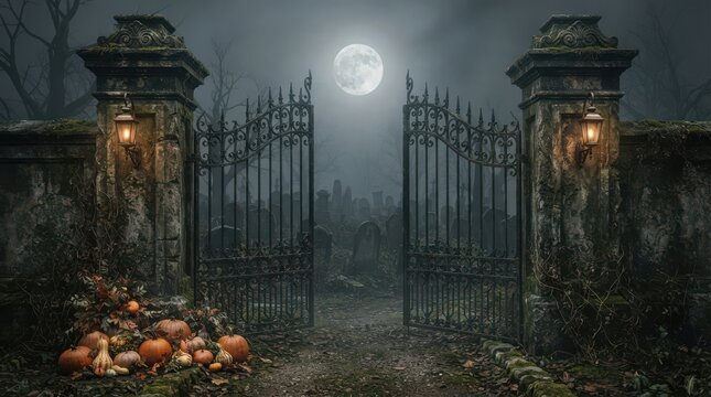 Spooky iron gates at night with full moon and glowing lanterns