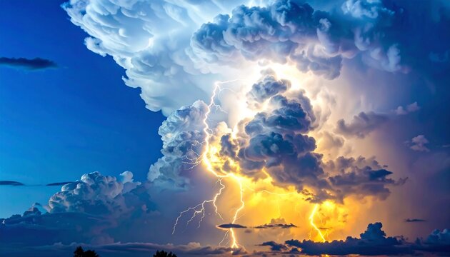 稲妻 雷 雷雲 積乱雲 雲 荒天 嵐 自然現象 放電 光 壮大 迫力 奇跡 ドラマチック 青空 空 プレースホルダー 背景素材 合成用 空間