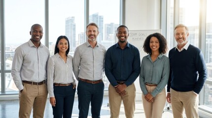 Fototapeta premium A diverse group of six business professionals standing in an office with a city skyline in the background.