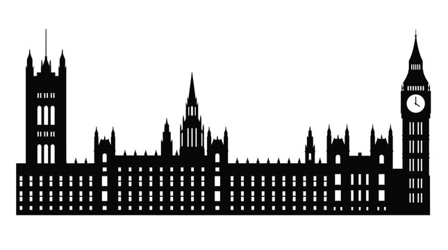 Detailed black silhouette of the iconic London parliament building featuring Big Ben clock tower isolated on a crisp white background