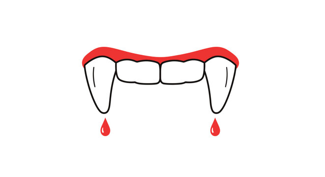 Minimalist illustration of vampire teeth with dripping blood on white background.