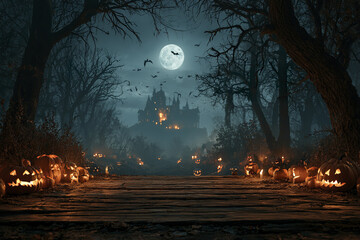Obraz premium Spooky Halloween night with glowing jack o lanterns lining dark forest path under full moon and bats flying near haunted castle