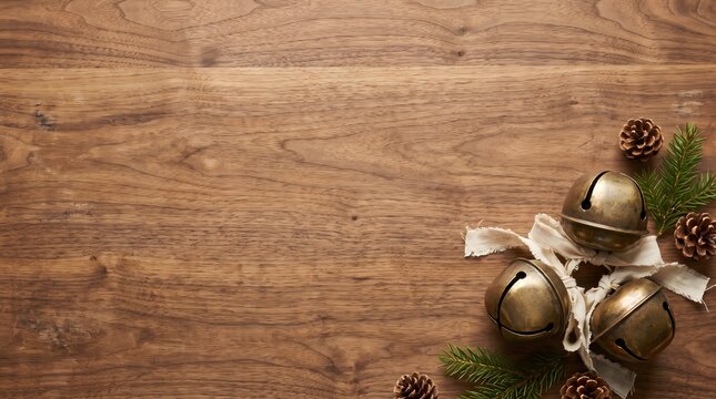 Rustic christmas background with silver jingle bells pine cones and evergreen branches on wooden surface